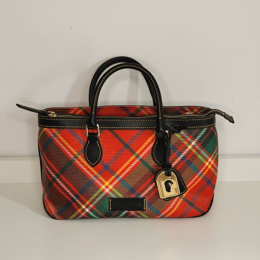 Dooney & Bourke Tartan Plaid Satchel Crossbody Red Black Green Double Handle EUC
